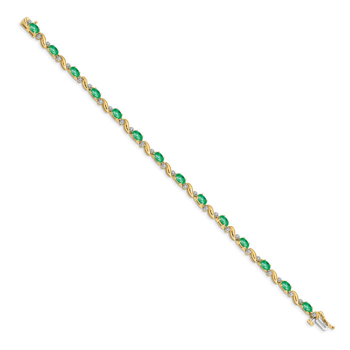 14K Solid Yellow Gold Diamond Green Emerald Chain Gemstone Tennis Bracelet