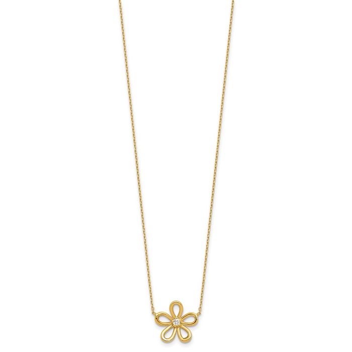 14K Solid Yellow Gold Diamond Flower Necklace Chain