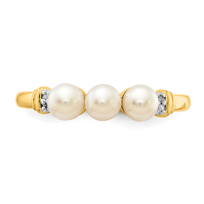 14K Solid Yellow Gold Diamond Freshwater Cultured 3 Pearl Statement Ring