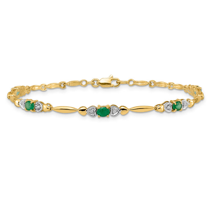 14K Solid Yellow Gold Diamond Emerald Tennis Bracelet - Picture 9 of 12
