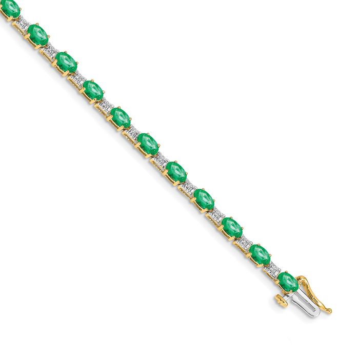 14K Solid Yellow Gold Diamond Green Emerald Chain Gemstone Tennis Bracelet