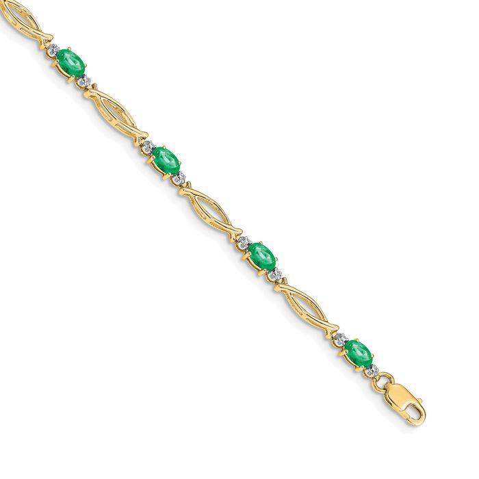 14K Solid Yellow Gold Diamond Green Emerald Chain Gemstone Tennis Bracelet