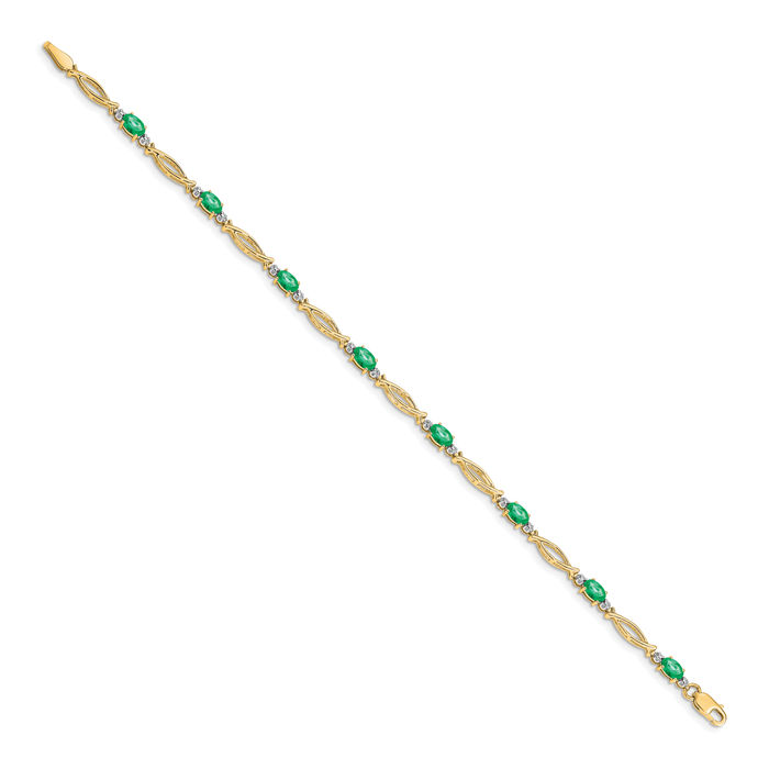 14K Solid Yellow Gold Diamond Green Emerald Chain Gemstone Tennis Bracelet