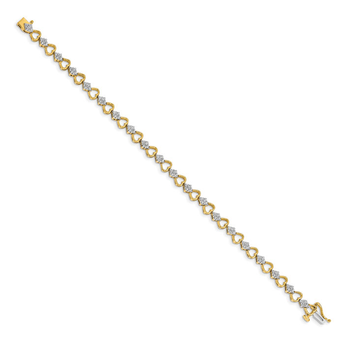 14K Solid Yellow Gold Diamond Heart Link Chain Charm Bracelet