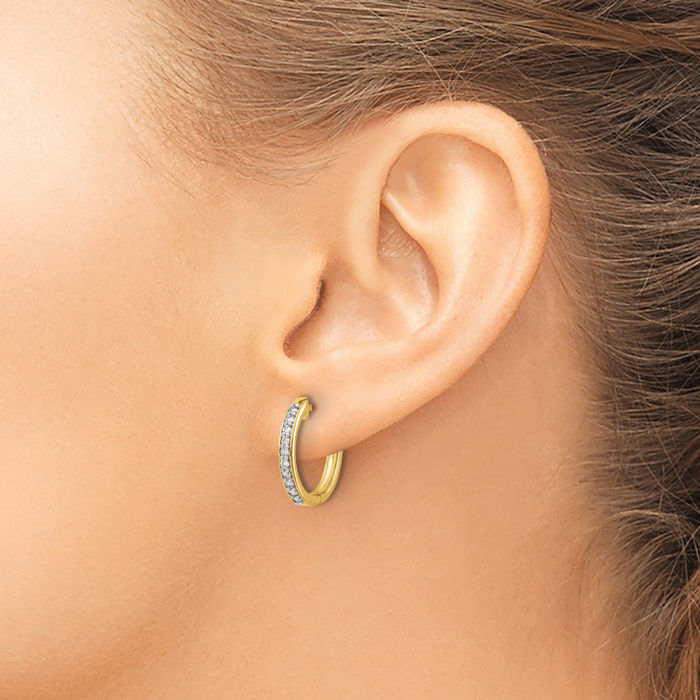 14K Solid Yellow Gold Diamond Small Hoop Earrings