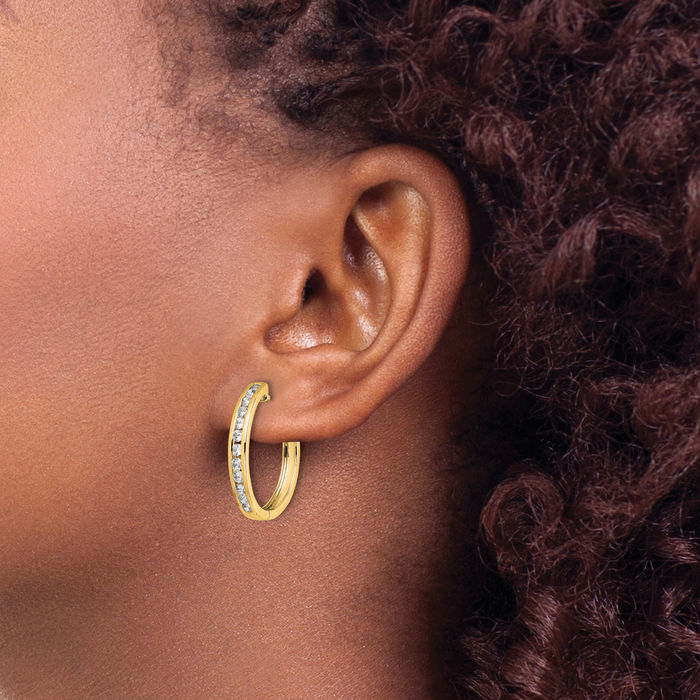 14K Solid Yellow Gold Diamond Round Small Hoop Earrings