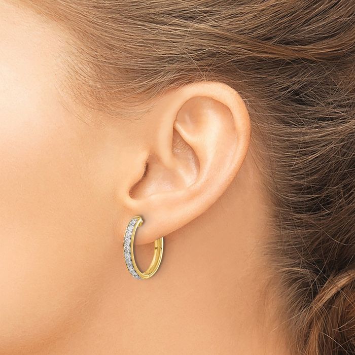 14K Solid Yellow Gold Diamond Medium Hoop Earrings