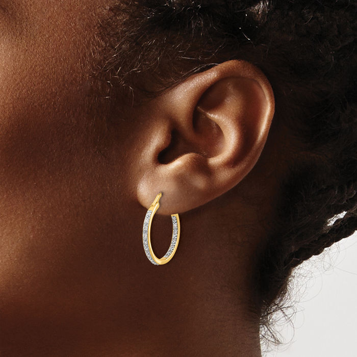 14K Solid Yellow Gold Diamond Round Medium Hoop Earrings
