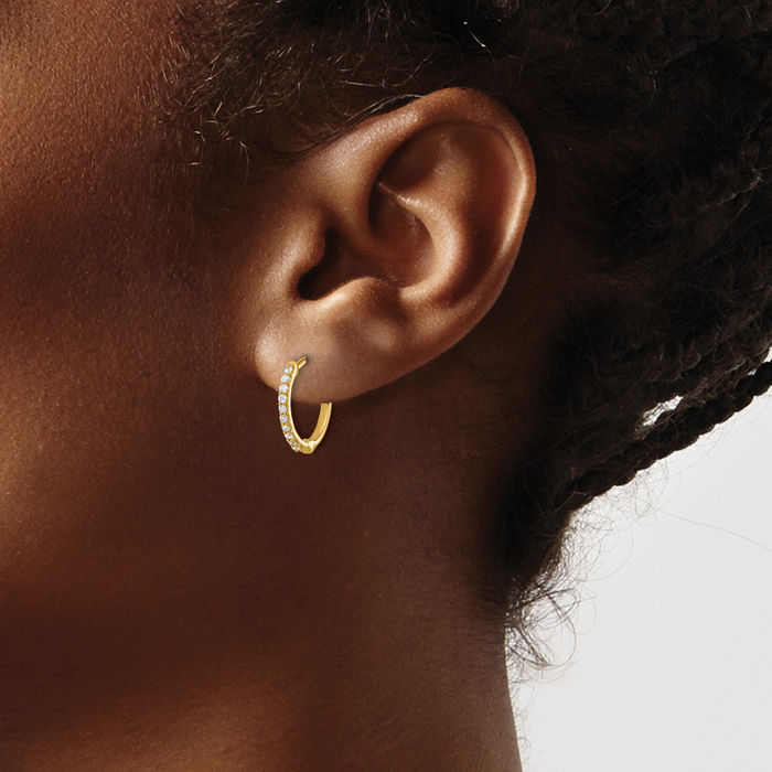 14K Solid Yellow Gold Diamond Round Huggie Small Hoop Earrings