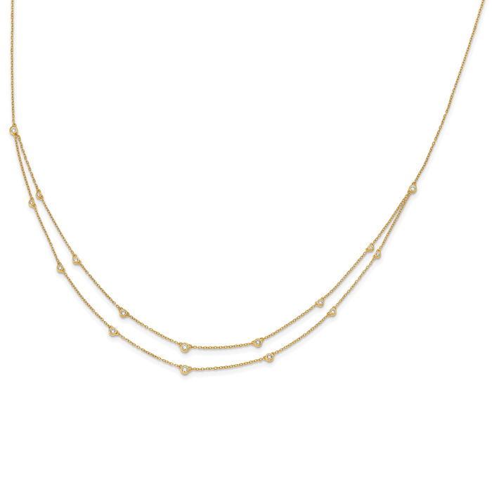 14K Solid Yellow Gold Diamond Multi Station Double Strand Chain Necklace