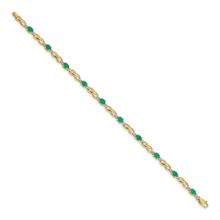 14K Solid Yellow Gold Diamond Oval Green Emerald Chain Gemstone Tennis Bracelet