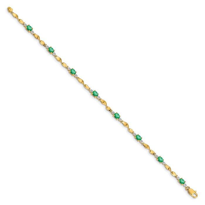 14K Solid Yellow Gold Diamond Oval Green Emerald Chain Gemstone Tennis Bracelet