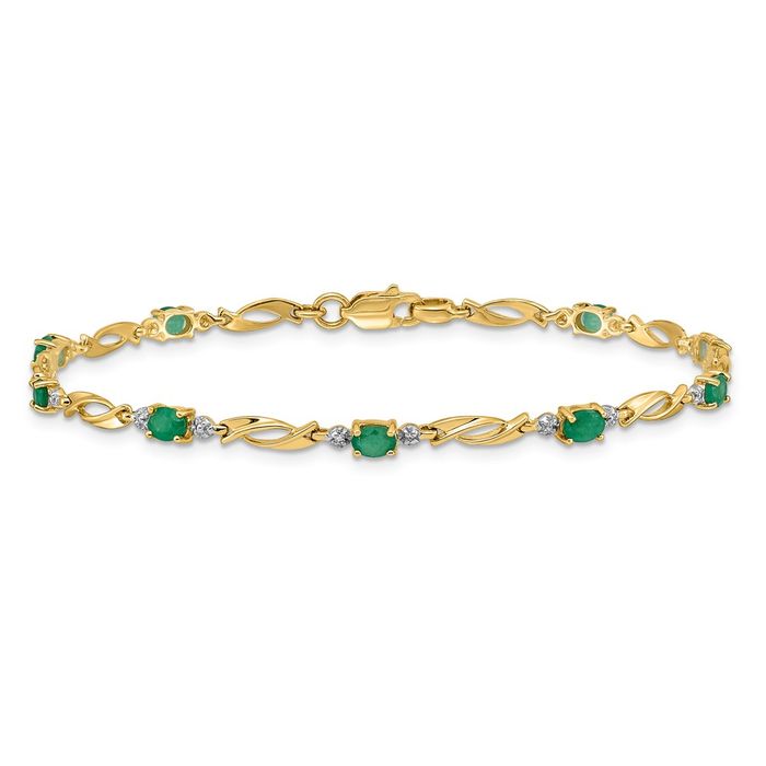 10K Solid Yellow Gold Diamond Oval Green Emerald Chain Gemstone Tennis Bracelet