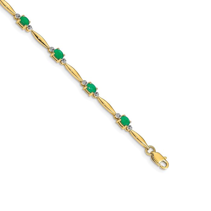 14K Solid Yellow Gold Diamond Oval Emerald Tennis Bracelet - Picture 11 of 12
