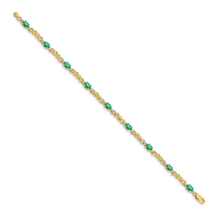 14K Solid Yellow Gold Diamond Oval Green Emerald Chain Gemstone Tennis Bracelet