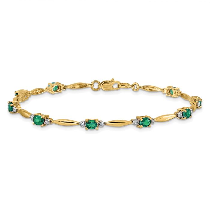 14K Solid Yellow Gold Diamond Oval Emerald Tennis Bracelet - Picture 9 of 12