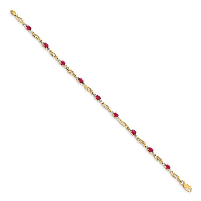 14K Solid Yellow Gold Diamond Oval Red Ruby Chain Gemstone Tennis Bracelet