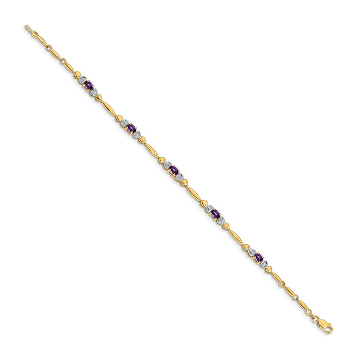 14K Solid Yellow Gold Diamond Purple Amethyst Chain Gemstone Tennis Bracelet