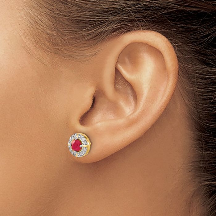 14K Solid Yellow Gold Diamond Red Ruby Halo Round Studs Gemstone Earrings July Birthstone Jewelry