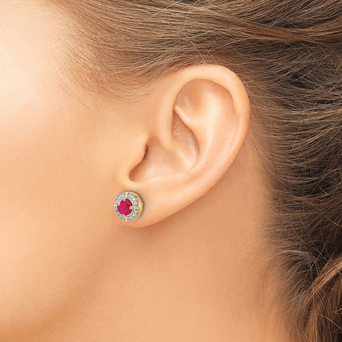 14K Solid Yellow Gold Diamond Red Ruby Halo Round Studs Gemstone Earrings July Birthstone Jewelry