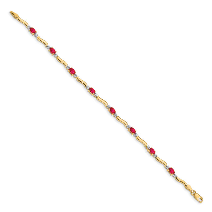 14K Solid Yellow Gold Diamond Red Ruby Chain Gemstone Tennis Bracelet