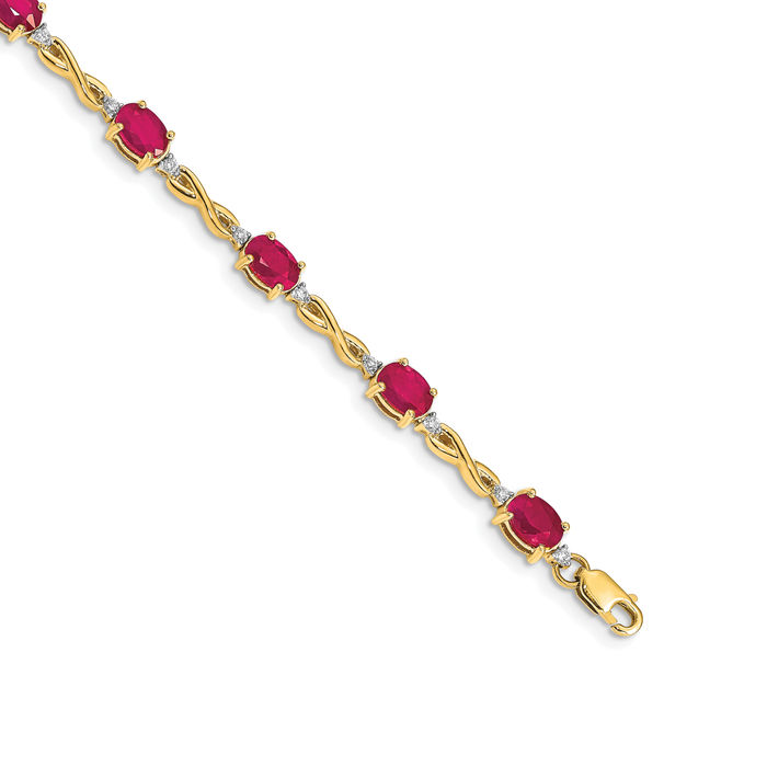 14K Solid Yellow Gold Diamond Red Ruby Chain Gemstone Tennis Bracelet