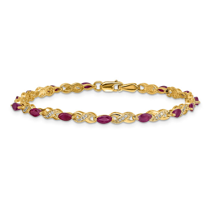 14K Solid Yellow Gold Diamond Ruby Infinity Love Knot Chain Bracelet - Picture 9 of 12