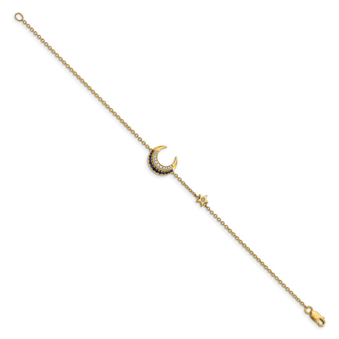 14K Solid Yellow Gold Diamond Blue Sapphire Crescent Moon Star Chain Tennis Charm Bracelet