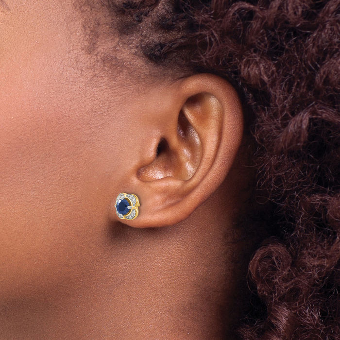 14K Solid Yellow Gold Diamond Blue Sapphire Stud Earrings Gemstone Post Push Back September Birthstone Jewelry