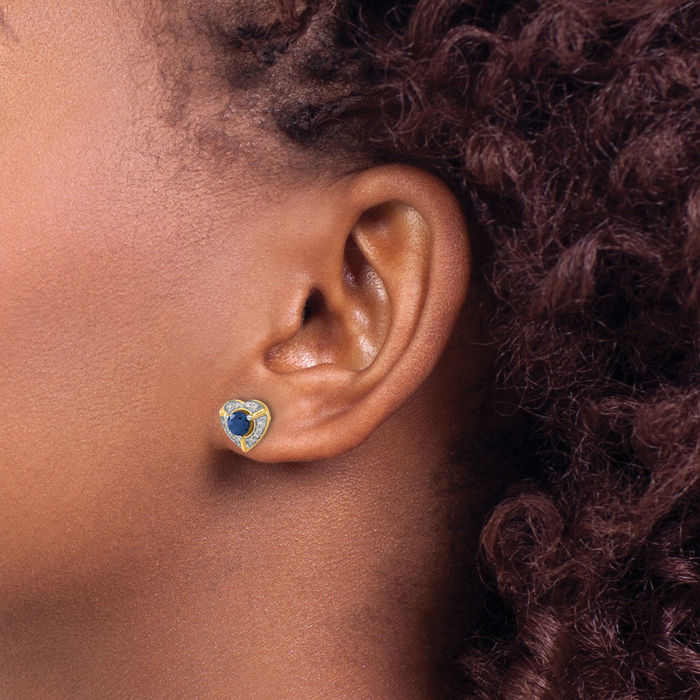14K Solid Yellow Gold Diamond Blue Sapphire Heart Stud Earrings Gemstone Post Push Back September Birthstone Jewelry