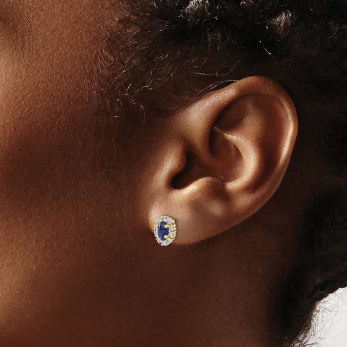 14K Solid Yellow Gold Diamond Blue Sapphire Oval Halo Studs Gemstone Earrings