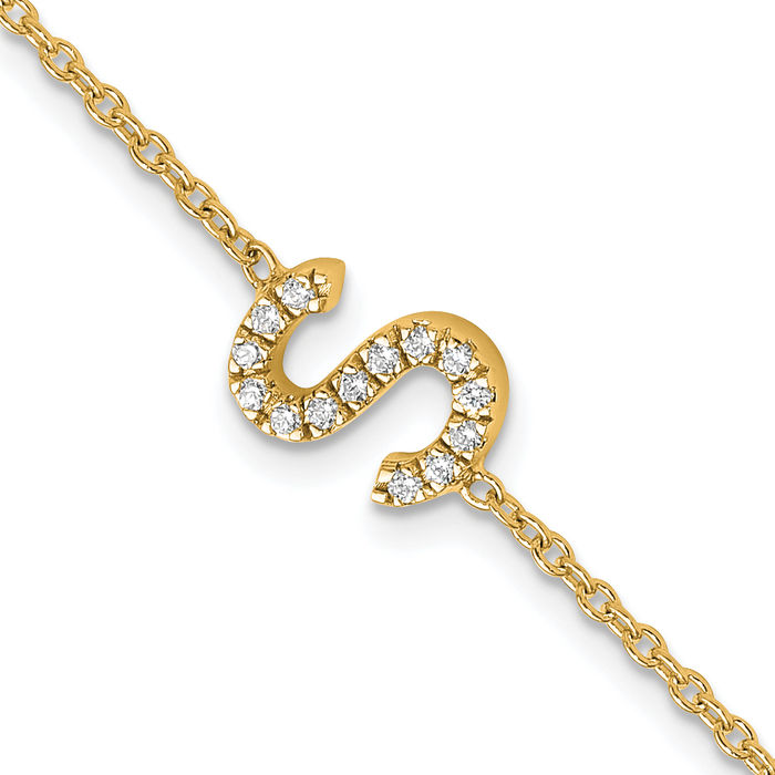 14K Solid Yellow Gold Diamond Sideways Letter S Tennis Bracelet