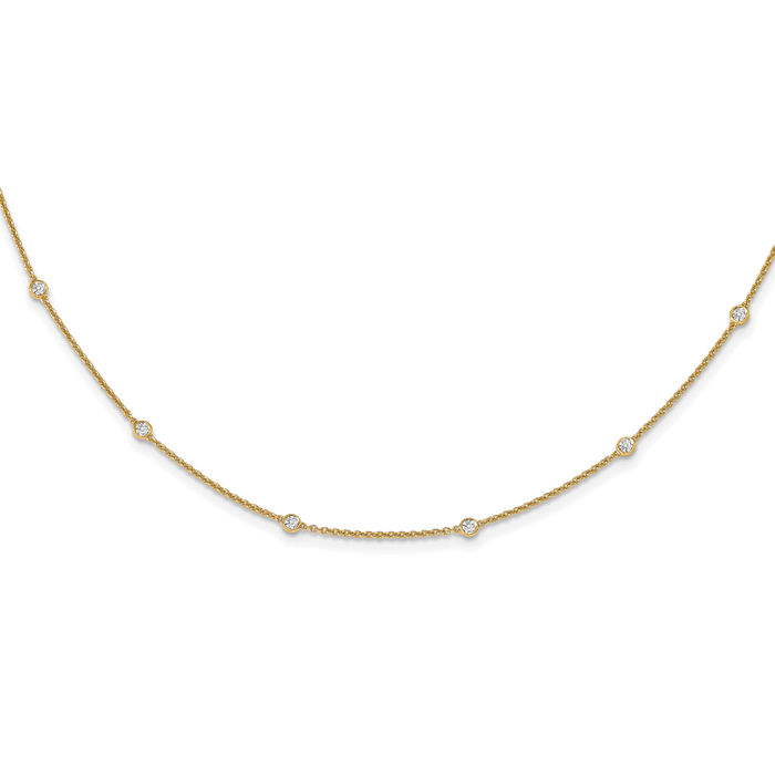 14K Solid Yellow Gold Diamond Station Cable Rolo Link Chain Necklace