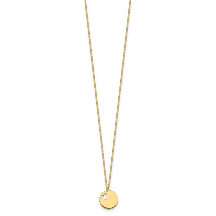 14K Solid Yellow Gold Disc Heart Necklace Love Pendant Friendship Charm Chain