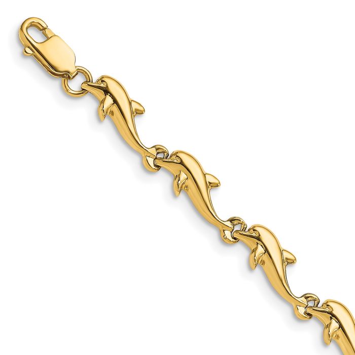 14K Solid Yellow Gold Sea Dolphin Ocean Fish Beach Nautical Chain Charm Bracelet