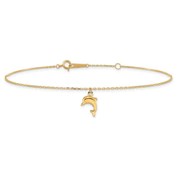 14K Solid Yellow Gold Sea Dolphin Ocean Fish Beach Nautical Charm Anklet Summer Foot Ankle Bracelet