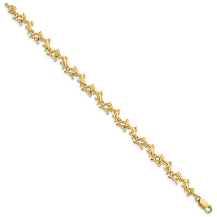 14K Solid Yellow Gold Sea Dolphin Ocean Fish Beach Nautical Chain Charm Bracelet