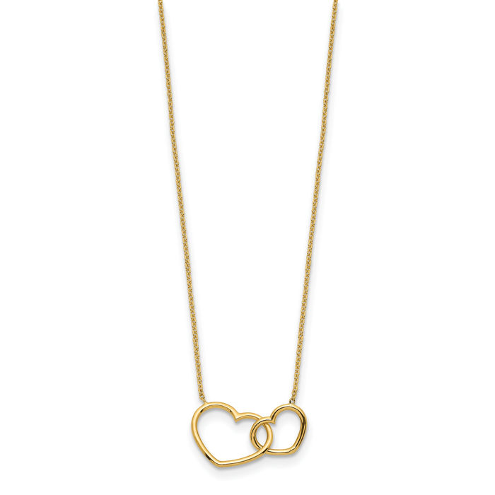 14K Solid Yellow Gold Double Heart Chain Necklace