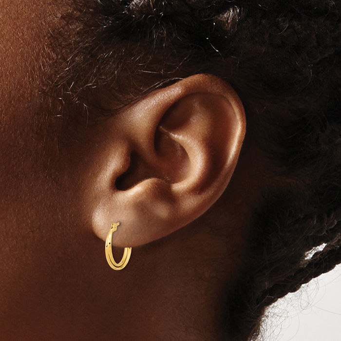 14K Solid Yellow Gold Double Round Huggie Small Hoop Earrings