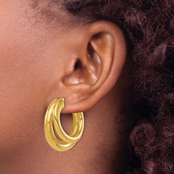 14K Solid Yellow Gold Double Round Medium Hoop Earrings