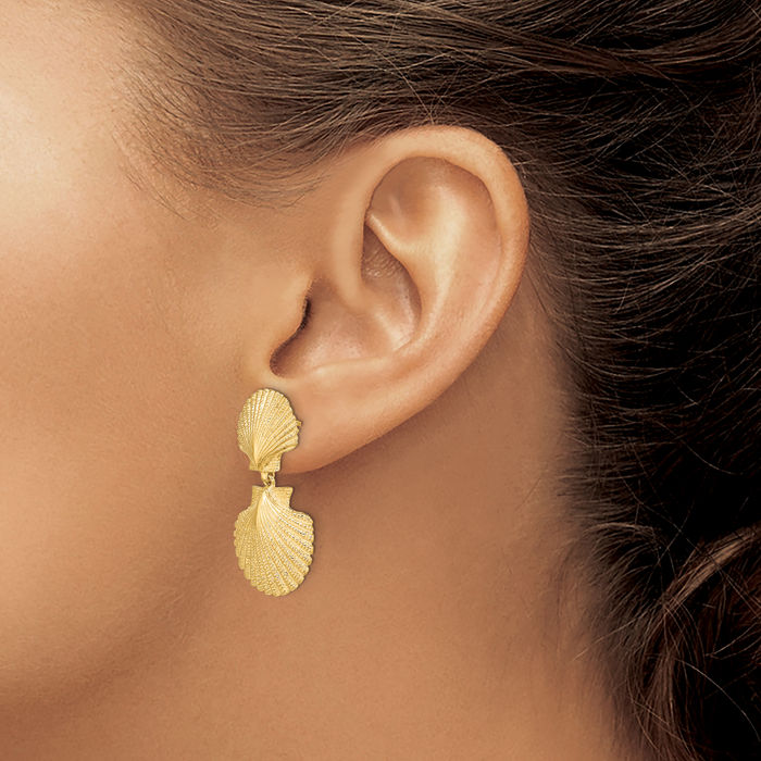 14K Solid Yellow Gold Double Scallop Drop Dangle Earrings