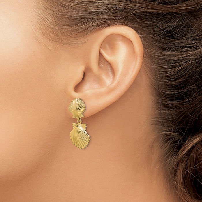14K Solid Yellow Gold Double Scallop Shell Drop Dangle Earrings