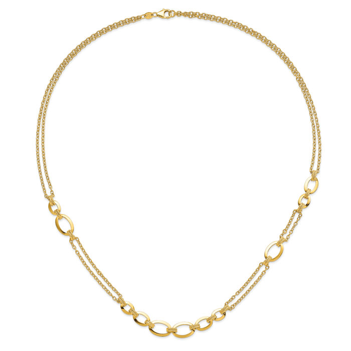 14K Solid Yellow Gold Double Stranded Link Chain Necklace