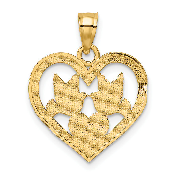 14K Solid Yellow Gold Doves Heart Necklace Love Pendant Charm