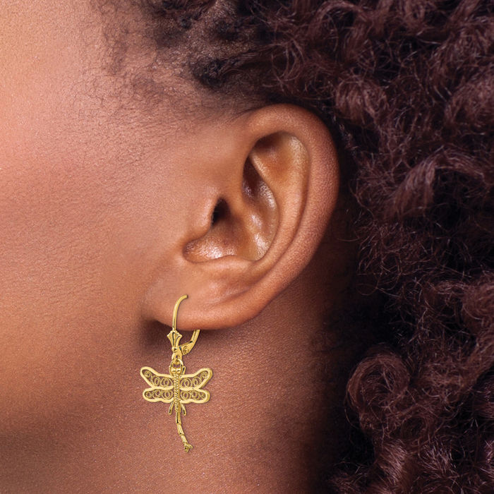 14K Solid Yellow Gold Dragonfly Antique Filigree Wings Drop Dangle Earrings