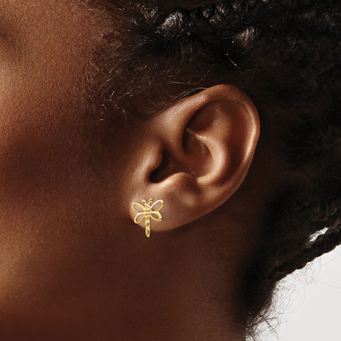 14K Solid Yellow Gold Dragonfly Studs Earrings