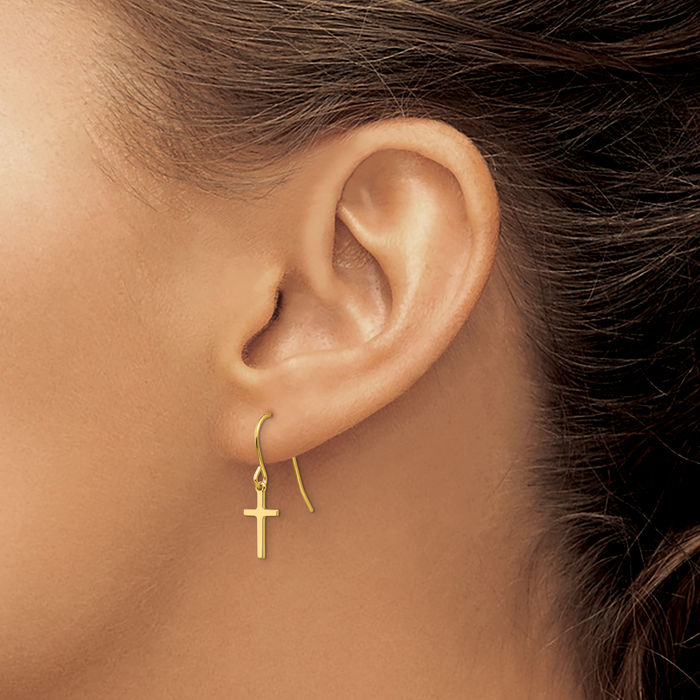 14K Solid Yellow Gold Holy Cross Christian Religious Drop Dangle Earrings