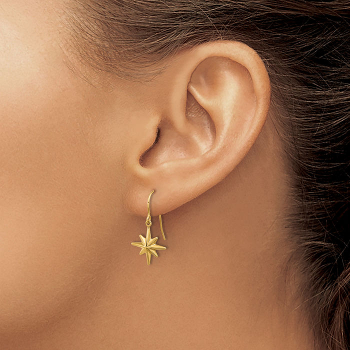 14K Solid Yellow Gold Star Drop Dangle Earrings