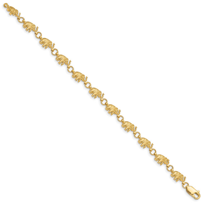 14K Solid Yellow Gold Elephant Chain Charm Bracelet