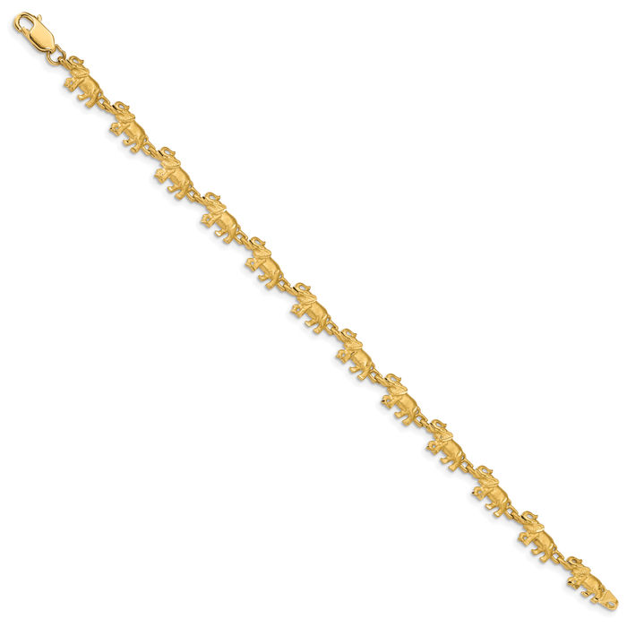 14K Solid Yellow Gold Elephant Chain Charm Bracelet